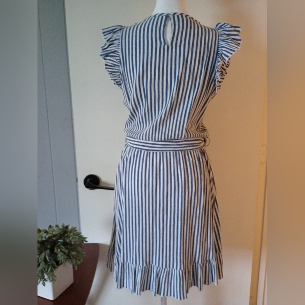 Morgan Taylor Blue and White Striped Ruffled Mini Dress Size Small - Picture 4 of 14